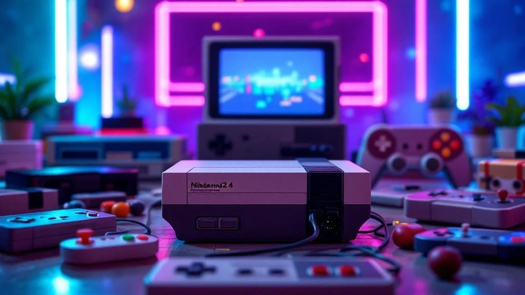 Console rétro avec manettes et écran arcade néon, illustrant les jeux vidéo anciens des années 80 à aujourd’hui