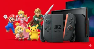 La console Nintendo Switch 2, avec ses Joy-Cons gris foncé et oranges, est placée devant un écran de télévision. Sur le fond rouge vif à gauche de la console, plusieurs personnages emblématiques de Nintendo sont affichés en gros plan : Mario, la Princesse Peach, Link de The Legend of Zelda, Pikachu de Pokémon et Isabelle d'Animal Crossing.