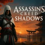 Artwork Assassin’s Creed Shadows montrant un assassin en tenue d’Ezio devant un paysage japonais avec pagode et torii au coucher du soleil