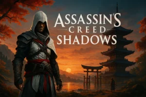Artwork Assassin’s Creed Shadows montrant un assassin en tenue d’Ezio devant un paysage japonais avec pagode et torii au coucher du soleil