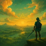 Illustration du prochain Zelda avec Link contemplant Hyrule, ambiance épique et magique, style peinture numérique 16/9.