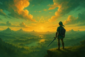 Illustration du prochain Zelda avec Link contemplant Hyrule, ambiance épique et magique, style peinture numérique 16/9.