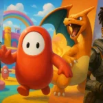 Illustration réaliste regroupant plusieurs héros de jeux Switch gratuits 2025 : un personnage de Fortnite armé, un Fall Guy coloré au centre, un Pokémon Charizard en arrière-plan de flammes et une combattante d’Apex Legends, chacun dans son univers.