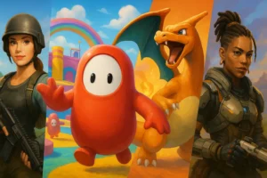 Illustration réaliste regroupant plusieurs héros de jeux Switch gratuits 2025 : un personnage de Fortnite armé, un Fall Guy coloré au centre, un Pokémon Charizard en arrière-plan de flammes et une combattante d’Apex Legends, chacun dans son univers.